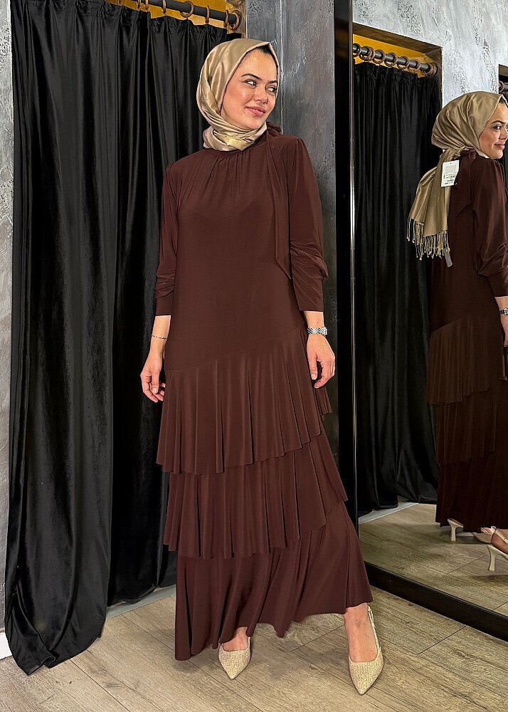 Noi Jarse Yakadan Fularlı Üç Kat Volanlı Elbise KAHVE - 3