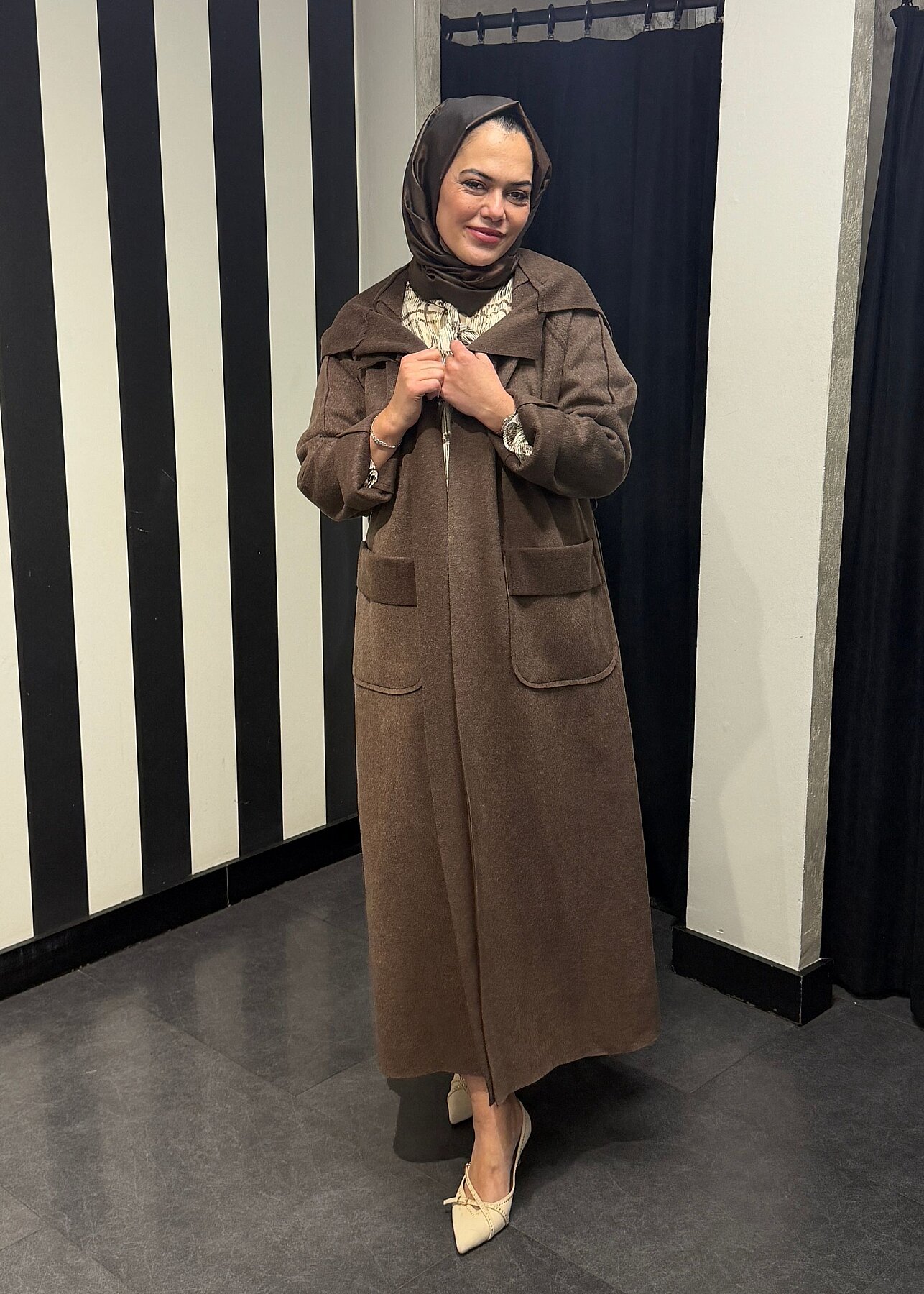 Noi Kaşe Reglan Kol Kapşonlu Kemerli Kaban KAHVE - 3