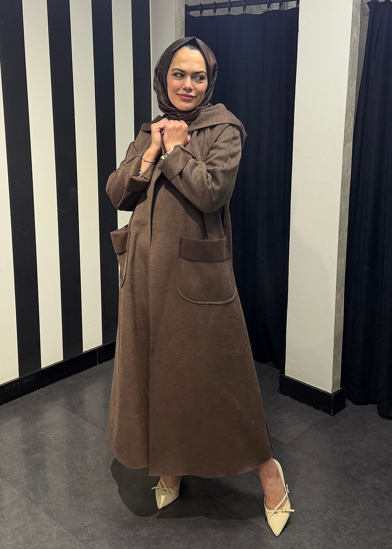 Noi Kaşe Reglan Kol Kapşonlu Kemerli Kaban KAHVE - 4
