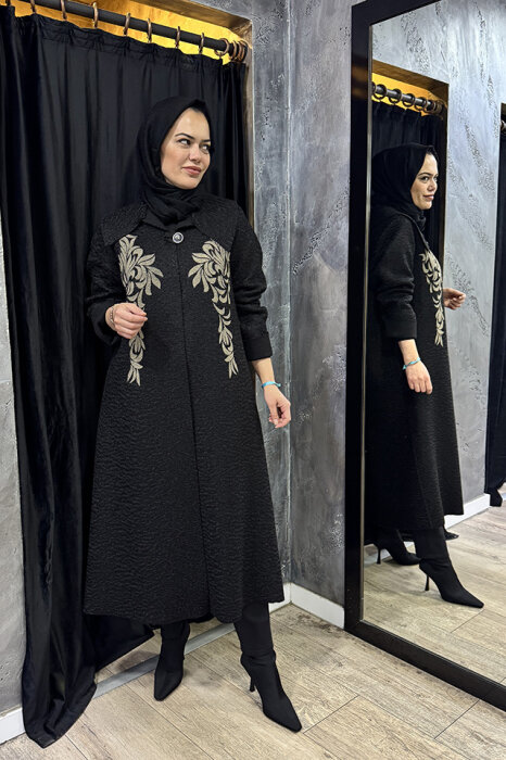 Noi Keçe Flog Baskılı Uzun Düğmeli Kaban SİYAH - 2