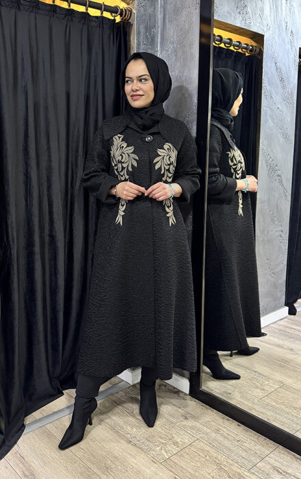 Noi Keçe Flog Baskılı Uzun Düğmeli Kaban SİYAH - 3