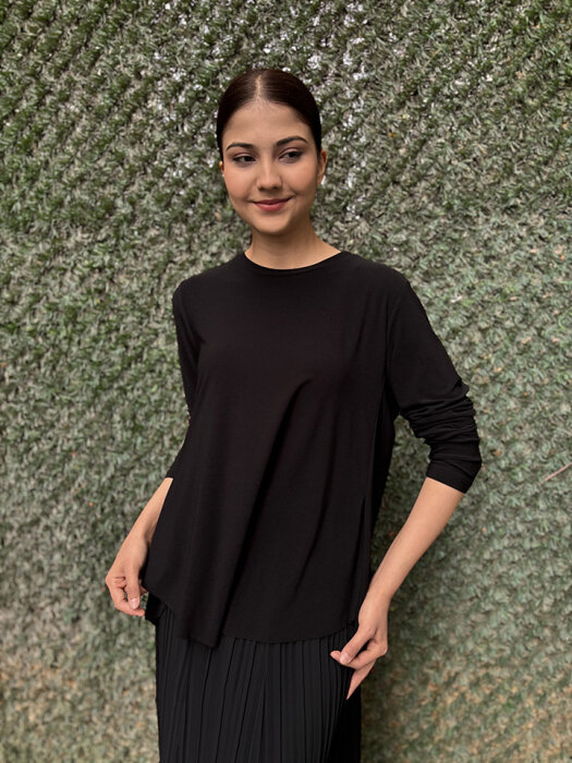 Noi Krep Jarse Önü Kısa Arkası Uzun Bluz SİYAH - 1