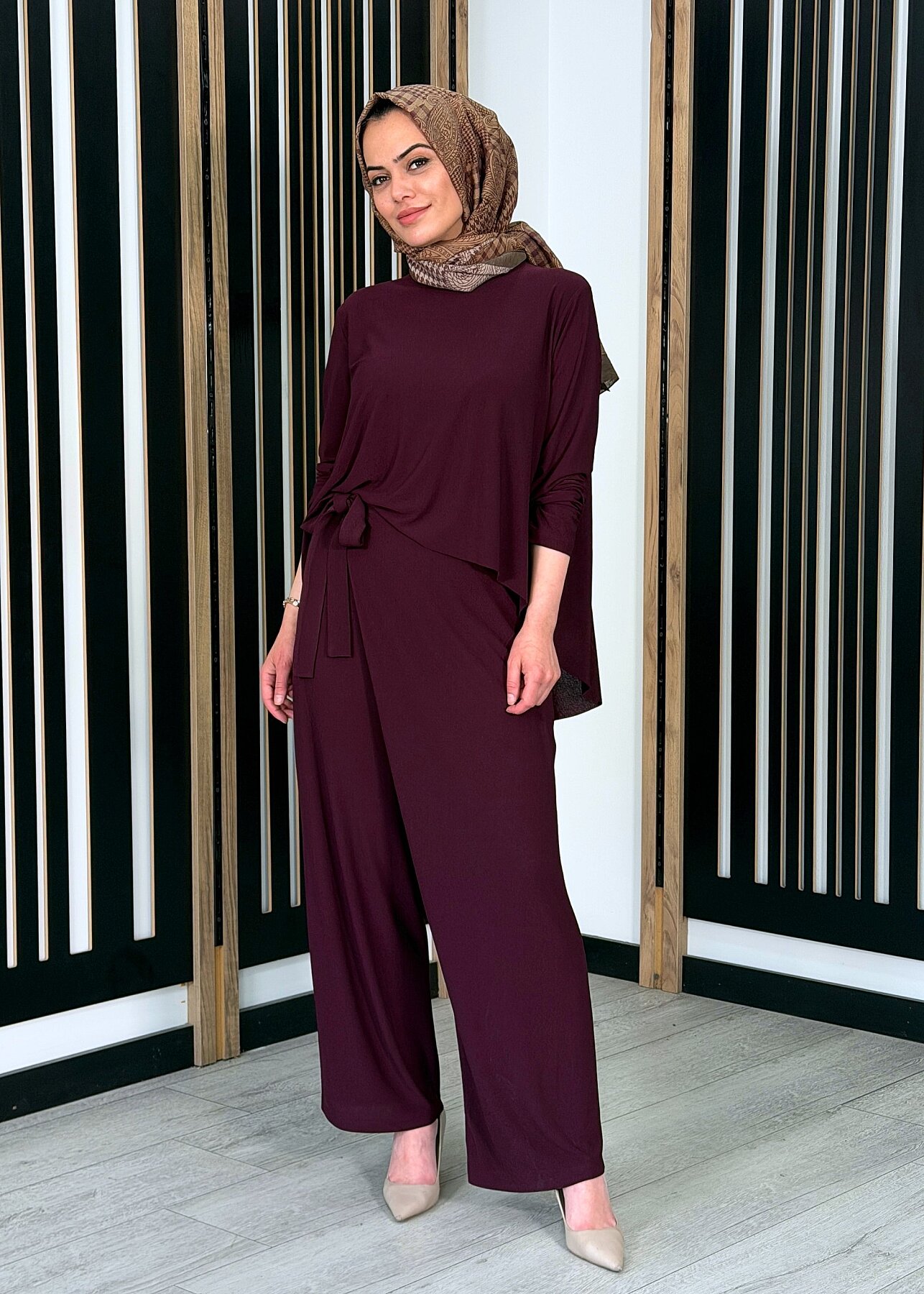 Noİ Krep Önden Etekli Şalvar BORDO - 1