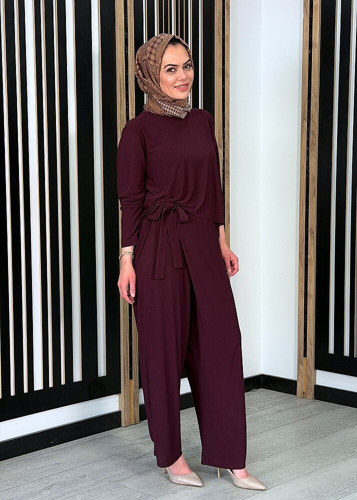 Noİ Krep Önden Etekli Şalvar BORDO - 3