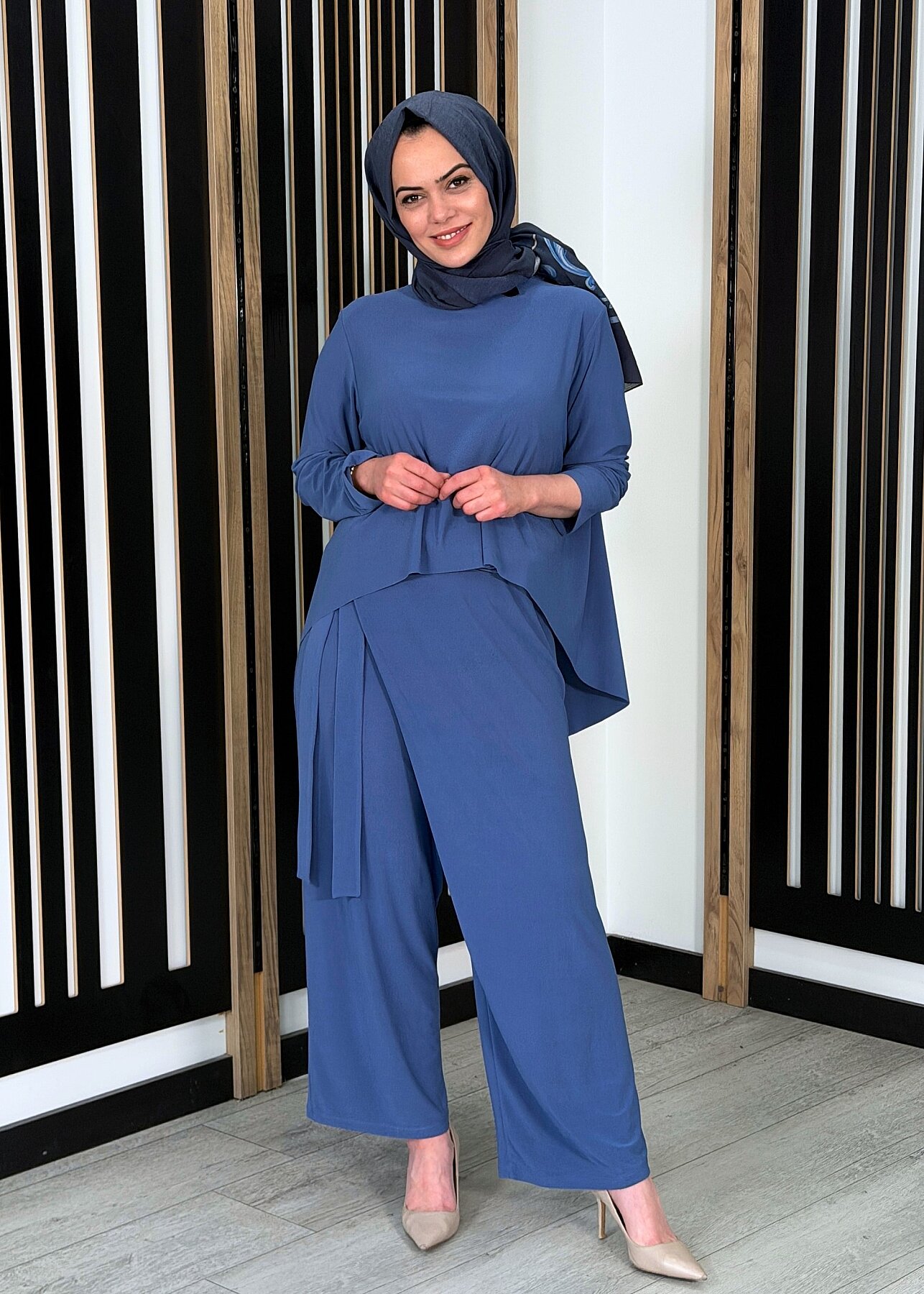 Noİ Krep Önden Etekli Şalvar İNDİGO - 1