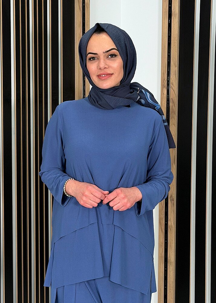 Noİ Krep Önden Yırtmaçlı Bluz İNDİGO - 3