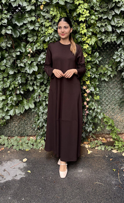Noi Modal Karışık Yuvarlak Kuplu Elbise KAHVERENGİ - 1