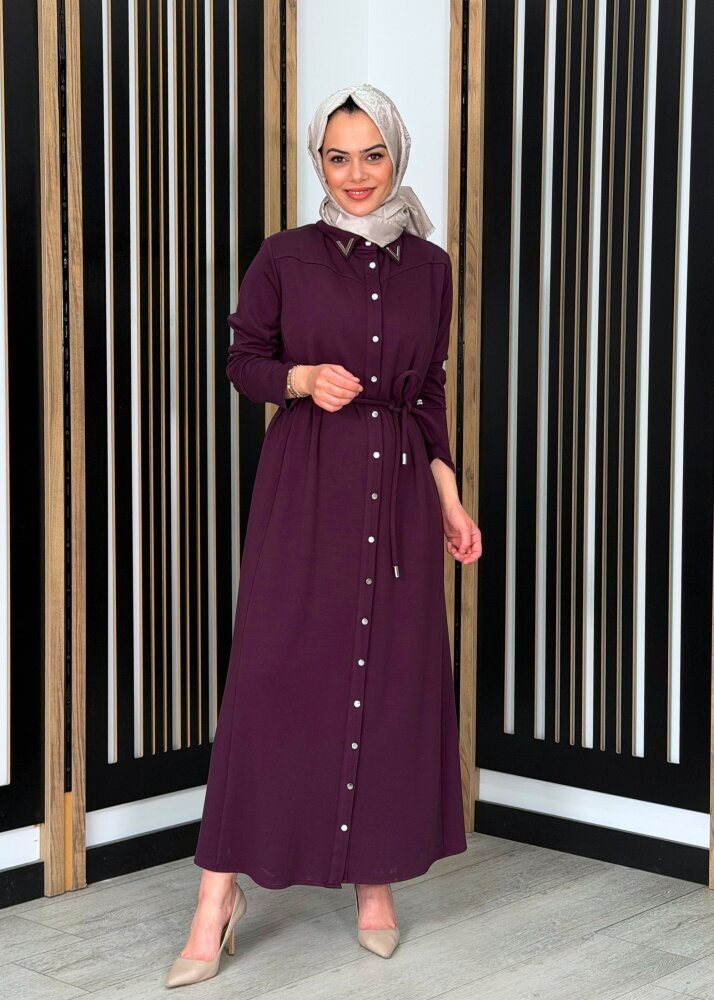 Noİ Modal Yaka Aksesuarlı Kemerli Gömlek Elbise BORDO