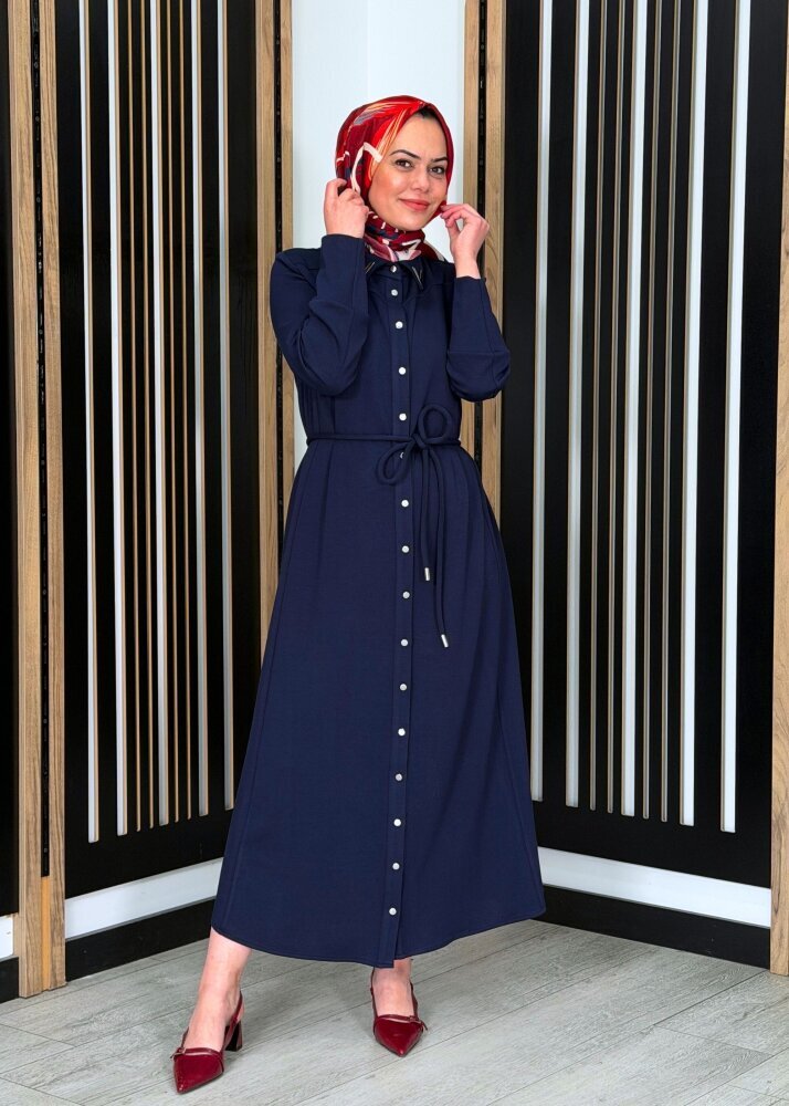 Noİ Modal Yaka Aksesuarlı Kemerli Gömlek Elbise LACİVERT 