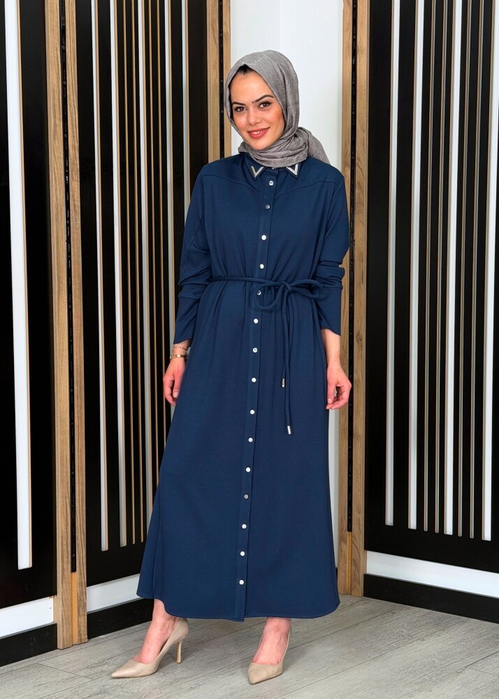 Noİ Modal Yaka Aksesuarlı Kemerli Gömlek Elbise PETROL 