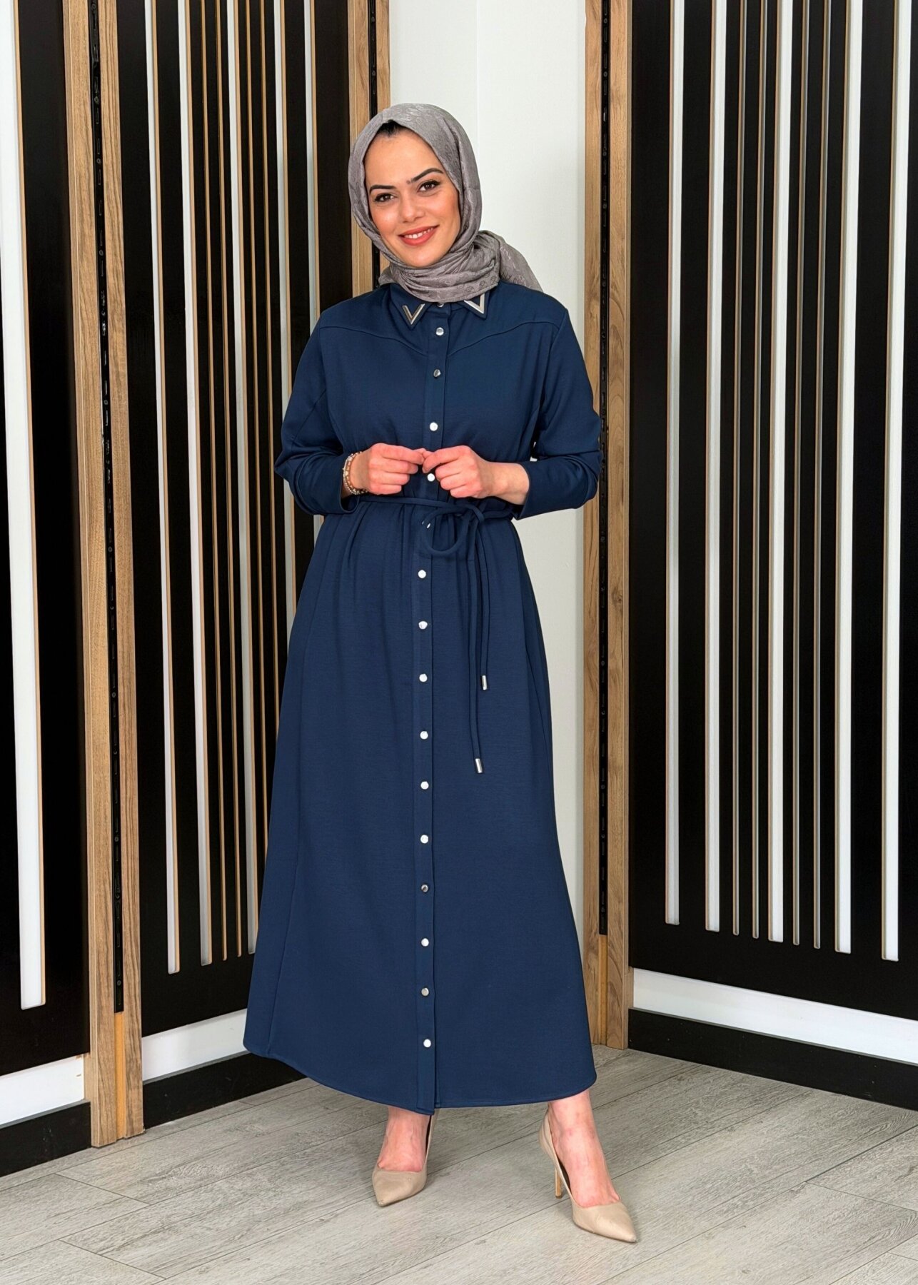 Noİ Modal Yaka Aksesuarlı Kemerli Gömlek Elbise PETROL - 3