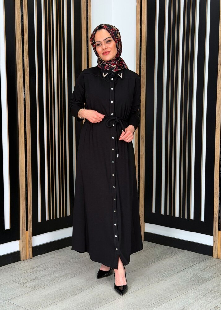 Noİ Modal Yaka Aksesuarlı Kemerli Gömlek Elbise SİYAH - 2