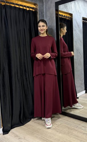 Noi Modal Yuvarlak Yaka Uzun Kollu Bluz BORDO