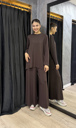 Noi Modal Yuvarlak Yaka Uzun Kollu Bluz KAHVE