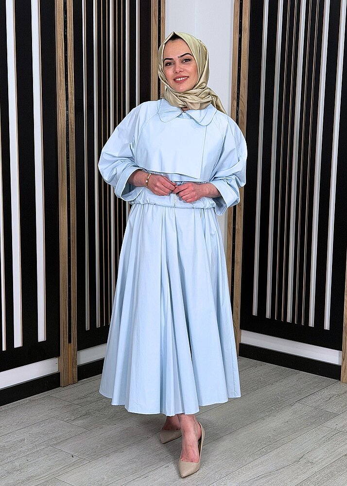 Noi Poplin Belden Büzgülü Kloş Uzun Etek MAVİ