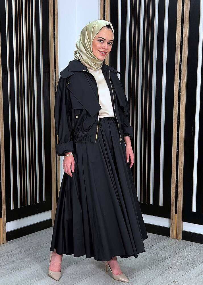 Noi Poplin Belden Büzgülü Kloş Uzun Etek SİYAH