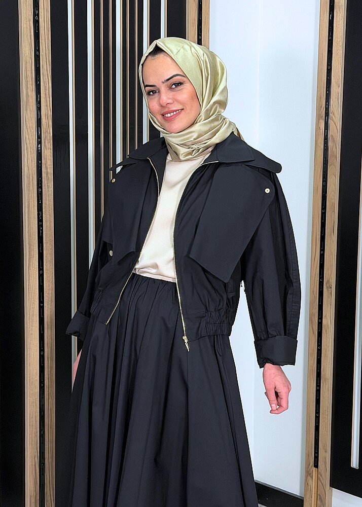 Noi Poplin Cepkenli Fermuarlı Kısa Ceket SİYAH