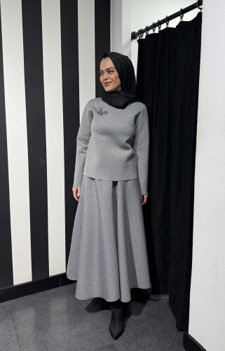 Noi Puf Scuba Ön Bedeni Taşlı Bluz GRİ - 3