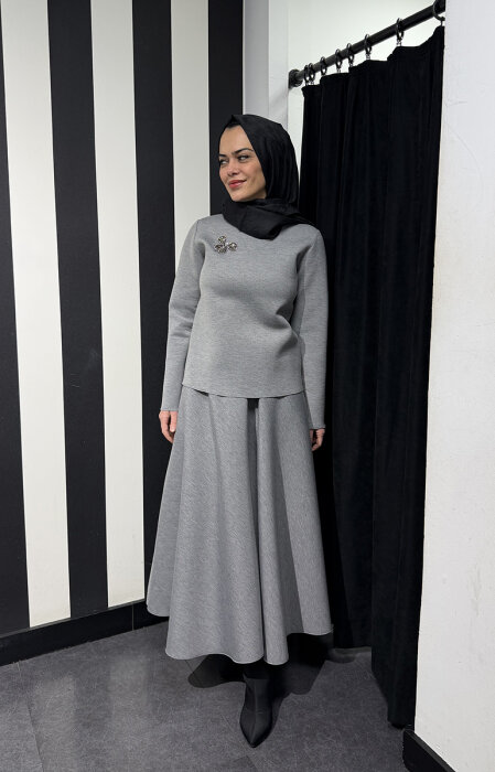 Noi Puf Scuba Ön Bedeni Taşlı Bluz GRİ - 3