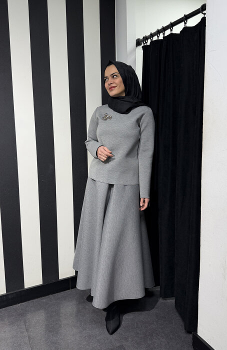 Noi Puf Scuba Ön Bedeni Taşlı Bluz GRİ - 4