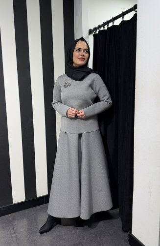 Noi Puf Scuba Ön Bedeni Taşlı Bluz GRİ - 5