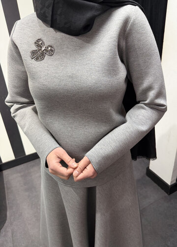 Noi Puf Scuba Ön Bedeni Taşlı Bluz GRİ - 2