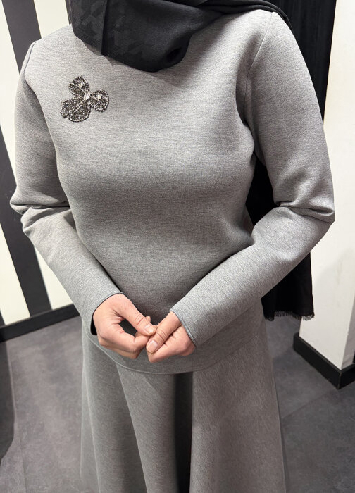 Noi Puf Scuba Ön Bedeni Taşlı Bluz GRİ - 2