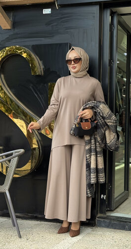 Noi Rayon Modal Geniş Paça Pantolon Etek VİZON - 1