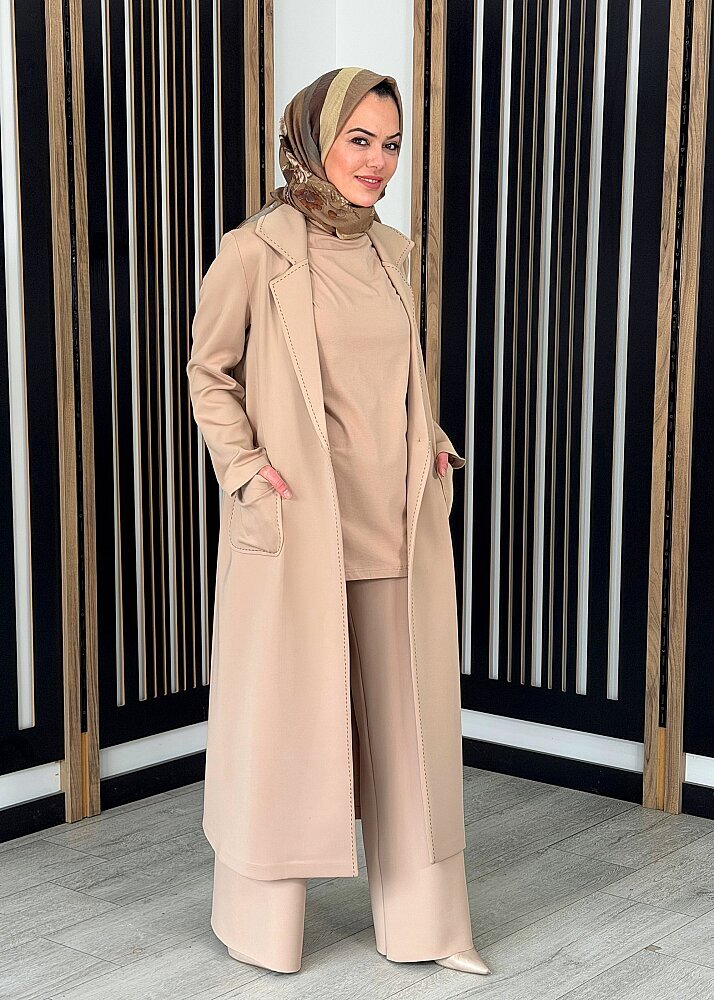 Noİ Scuba Punto Dikişli Uzun Blazer Ceket BEJ - 3