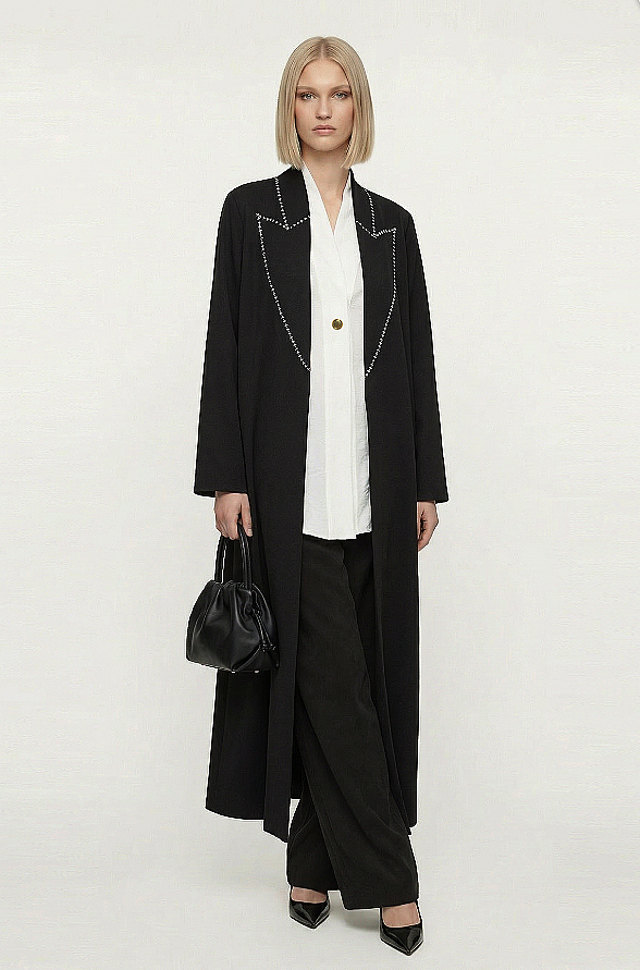 Noi Scuba Yakası Kontrast Kroşealı Uzun Kap SİYAH