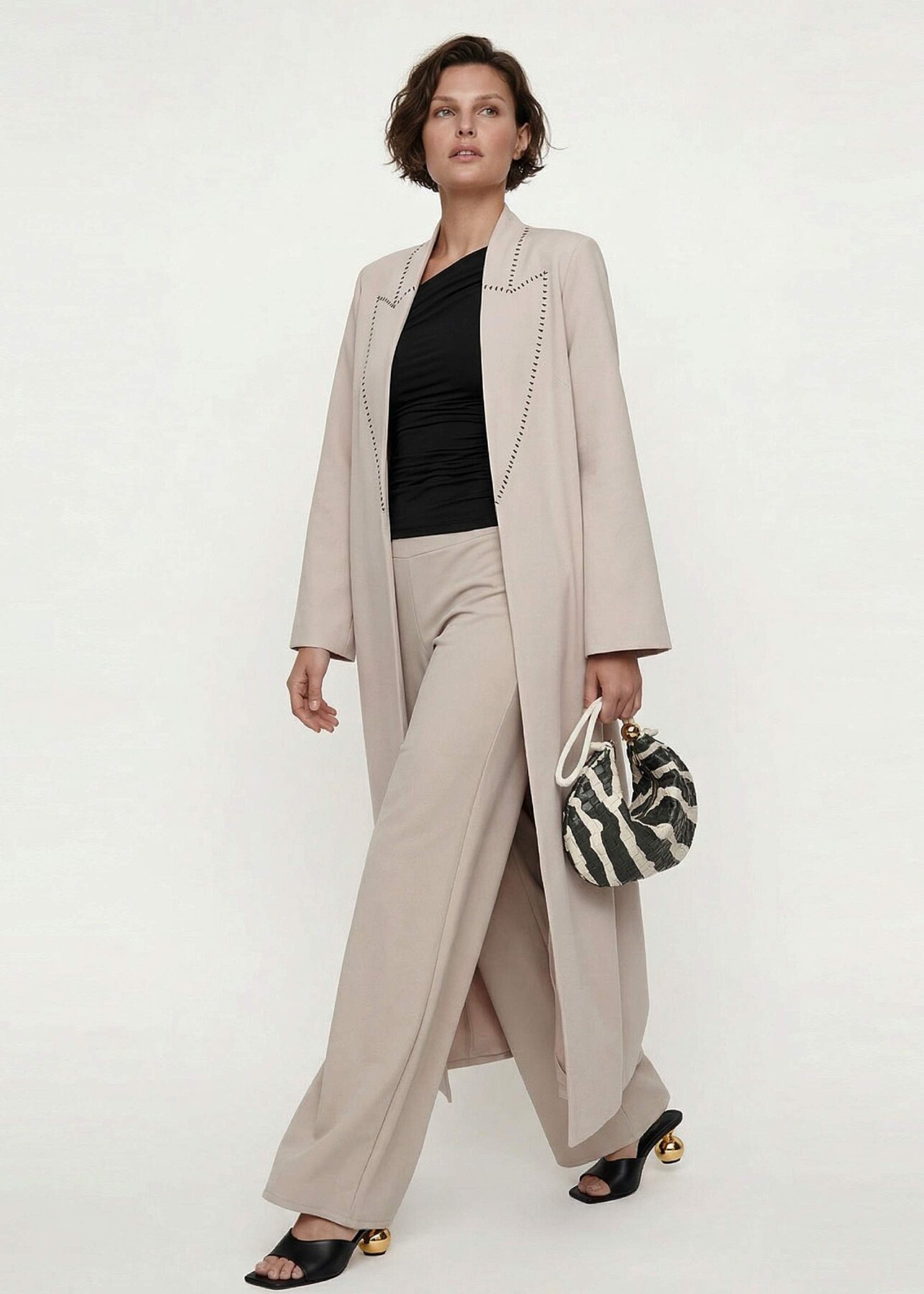 Noi Scuba Yakası Kontrast Kroşealı Uzun Kap TAŞ - 1