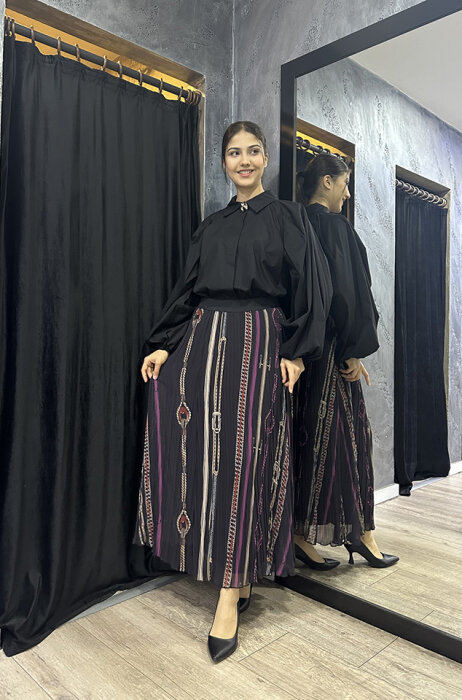 Noİ Şifon Boyuna Zincir Kemerli Kroşki Pliseli Etek SİYAH - 1