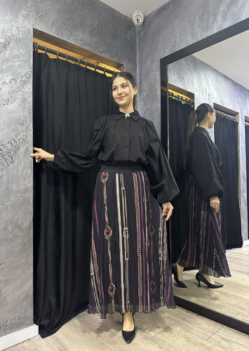 Noİ Şifon Boyuna Zincir Kemerli Kroşki Pliseli Etek SİYAH - 2