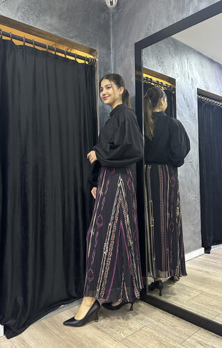 Noİ Şifon Boyuna Zincir Kemerli Kroşki Pliseli Etek SİYAH - 3