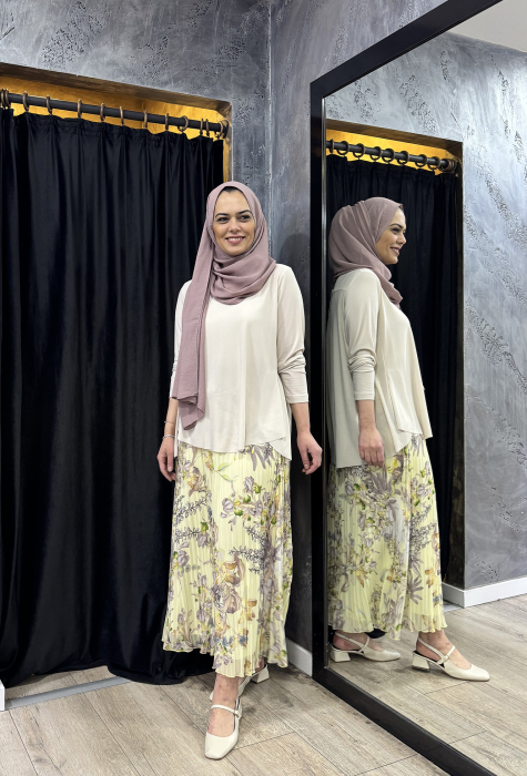 Noi Şifon Fantastik Ortanca Çiçekli Pliseli Etek Açık Sarı - 1