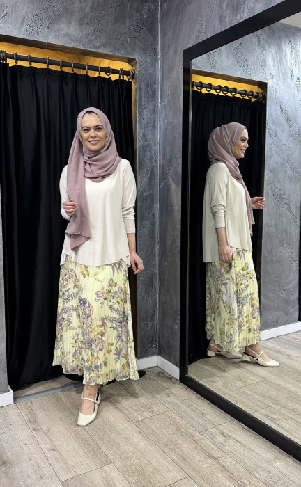 Noi Şifon Fantastik Ortanca Çiçekli Pliseli Etek Açık Sarı - 2