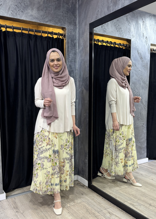 Noi Şifon Fantastik Ortanca Çiçekli Pliseli Etek Açık Sarı - 3