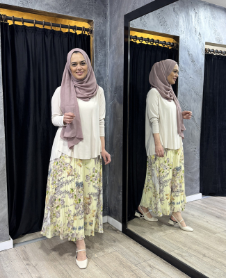 Noi Şifon Fantastik Ortanca Çiçekli Pliseli Etek Açık Sarı - 4