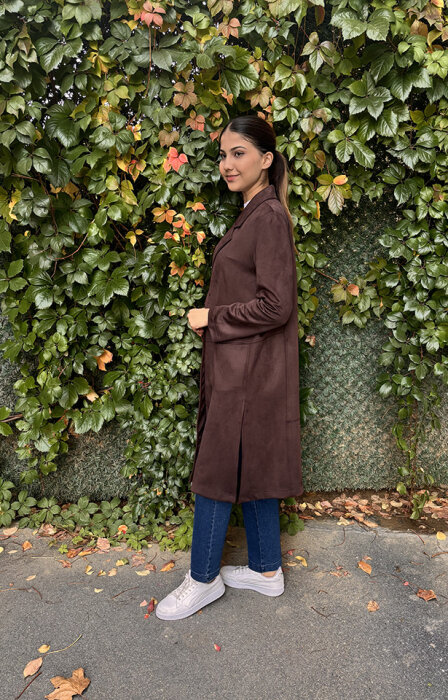 Noi Süet Belden Kesikli Uzun Blazer Ceket KAHVE - 3