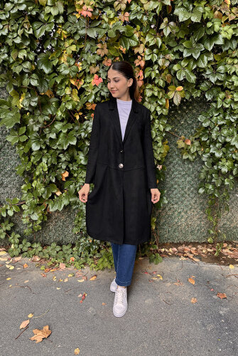 Noi Süet Belden Kesikli Uzun Blazer Ceket SİYAH - NOİ