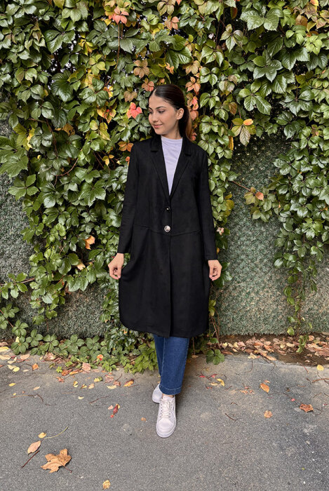 Noi Süet Belden Kesikli Uzun Blazer Ceket SİYAH - 1