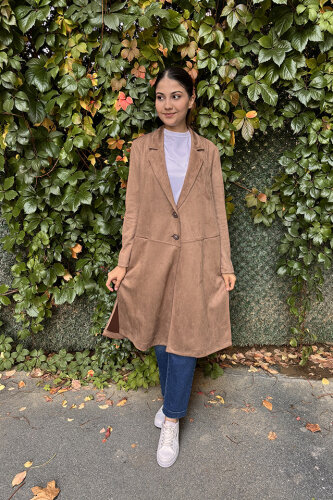 Noi Süet Belden Kesikli Uzun Blazer Ceket VİZON - 5