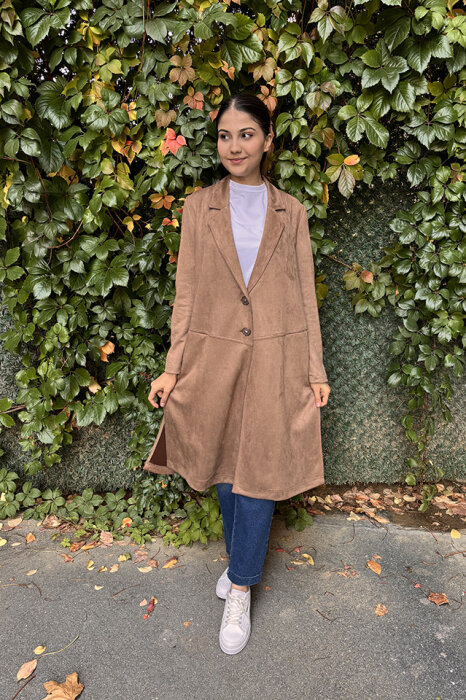 Noi Süet Belden Kesikli Uzun Blazer Ceket VİZON - 5