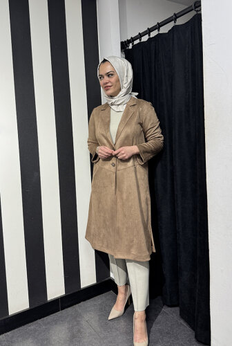 Noi Süet Belden Kesikli Uzun Blazer Ceket VİZON - NOİ