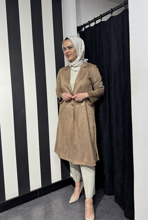 Noi Süet Belden Kesikli Uzun Blazer Ceket VİZON - 1