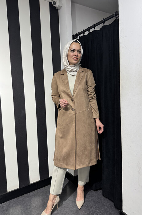 Noi Süet Belden Kesikli Uzun Blazer Ceket VİZON - 2