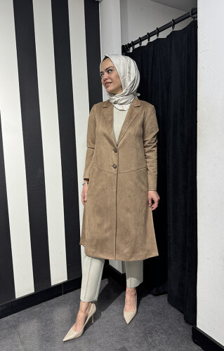 Noi Süet Belden Kesikli Uzun Blazer Ceket VİZON - 3