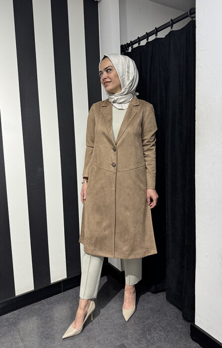 Noi Süet Belden Kesikli Uzun Blazer Ceket VİZON - 3