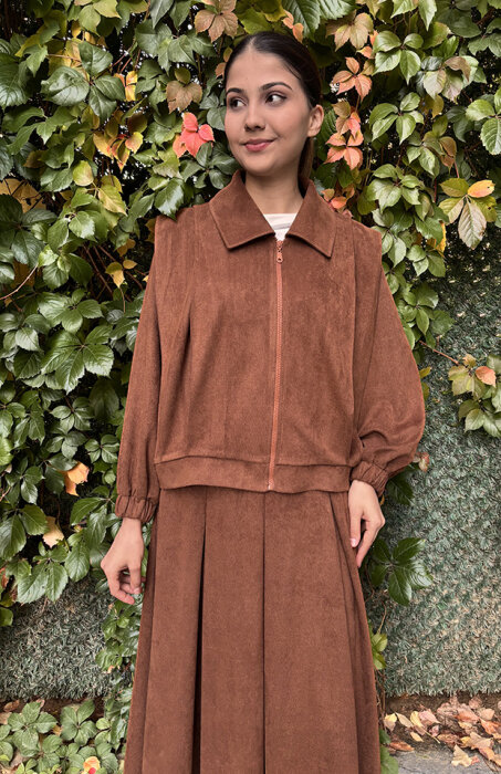 Noi Süet Omuzdan Pileli Kısa Fermuarlı Mont TABA - 5