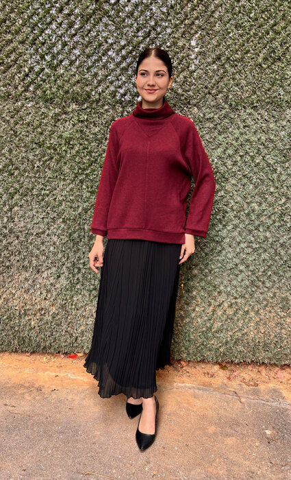 Noi Triko Angora Geniş Üçgen Yakalı Bluz BORDO - 4